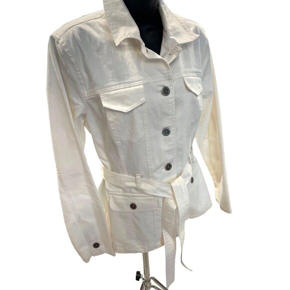 French Cuff White Belted Stretch Denim Buttoned Jacket Sz L - Picture 3 of 10